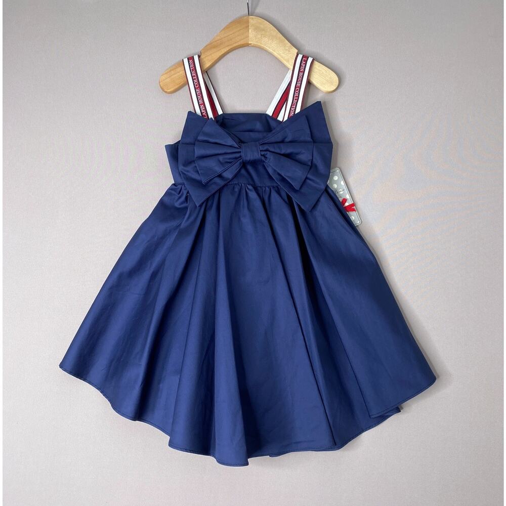 NWT Lapin House Navy Blue Bow Front Party Dress w/Logo Straps Girls 3 / 98 cm